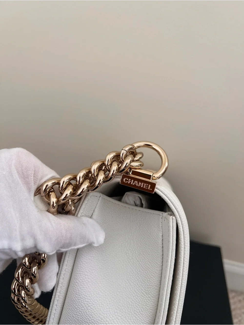 Chanel Caviar White Medium Boy Bag with Champagne Gold Hardware